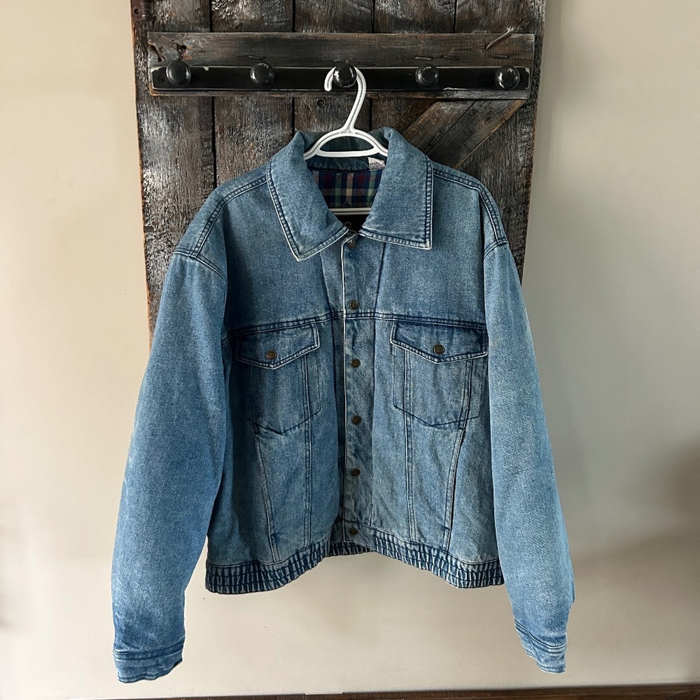 Men's Vintage Mack Plaid Lined Stone Wash Bomber Jean Jacket w/Snap Buttons